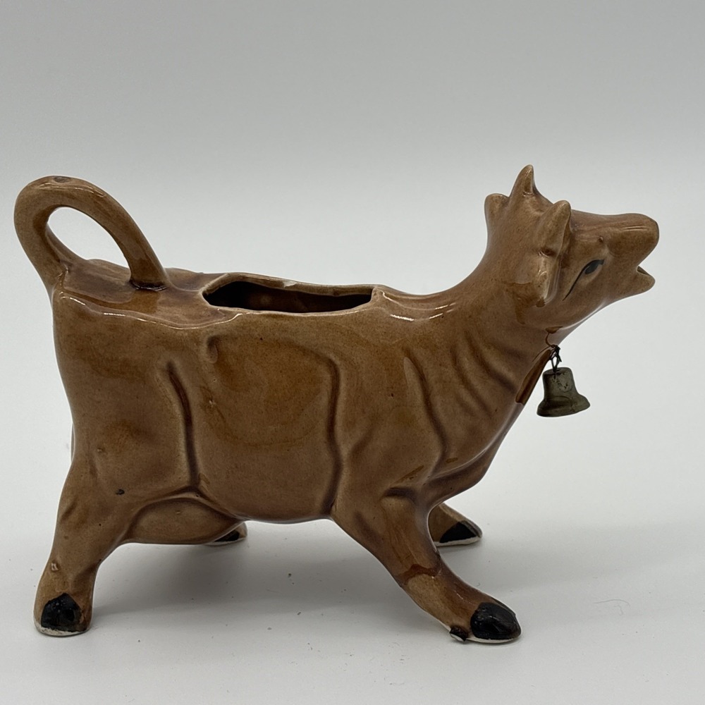 Vintage Ceramic Jersey Cow Creamer Brown Glazed Novelty Pitcher with Cowbell - Picture 5 of 8